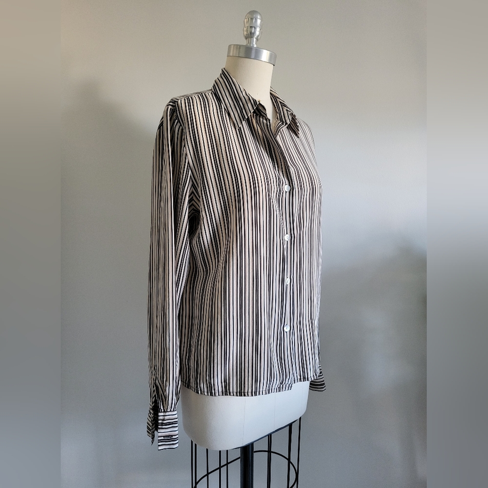 SILK long sleeve striped button up blouse in cream and black